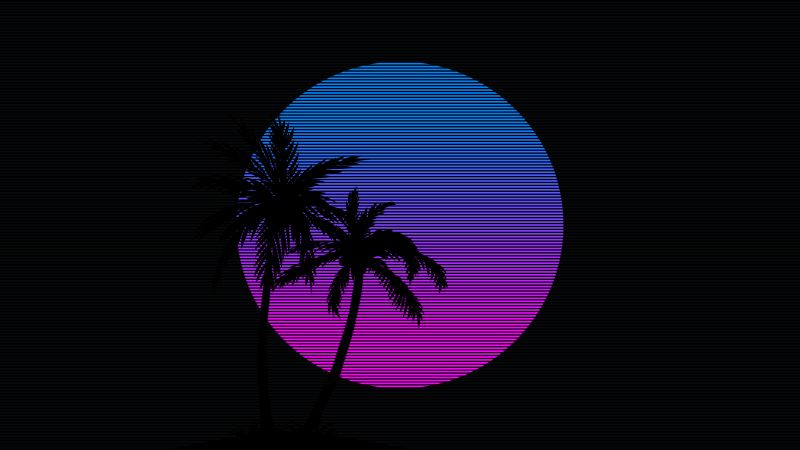 Palm trees, RetroWave art, 5K, 8K, AMOLED, Black background, Silhouette