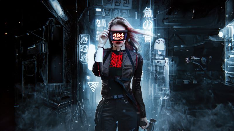 404 Error, Cyberpunk girl, 404 not found, Future tech, Futuristic, 5K, Wallpaper