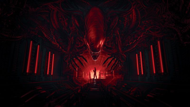 Alien: Romulus, Horror Movies, Dark red, Dark theme, 2024 Movies, Xenomorph, Wallpaper