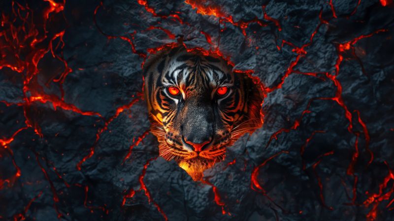 Fire, Tiger face, Lava, Closeup, Dark aesthetic, 5K