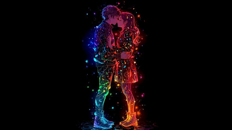 Kissing couple, Colorful art, AMOLED, Black background, 5K, Romantic kiss, Love couple, Wallpaper