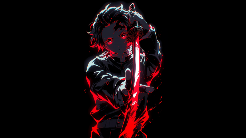 Tanjiro Kamado, AMOLED, Red aesthetic, 5K, Black background, Sword, Demon Slayer: Kimetsu no Yaiba, Wallpaper