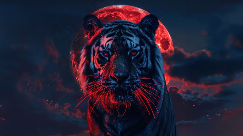 Tiger, Red aesthetic, Red moon, 5K, AI art, Closeup Photography, Wallpaper