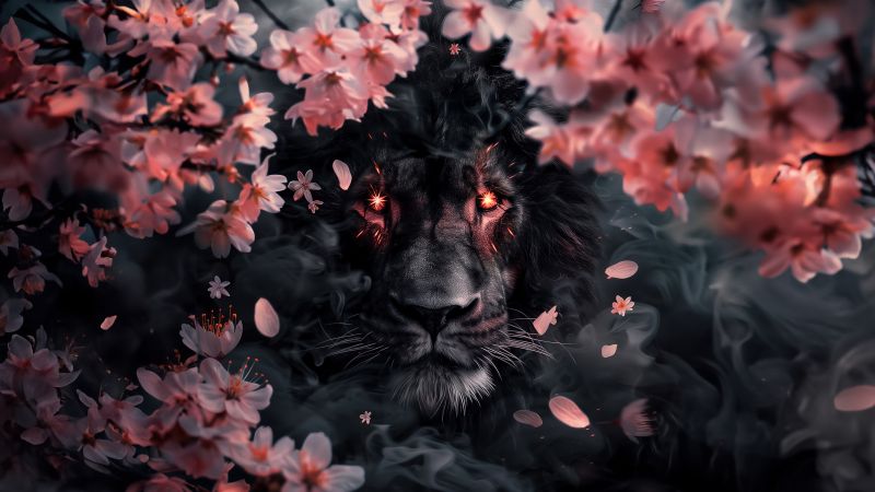 Lion, Sakura, Smoke, Cherry blossom, 5K, AI art, Wallpaper