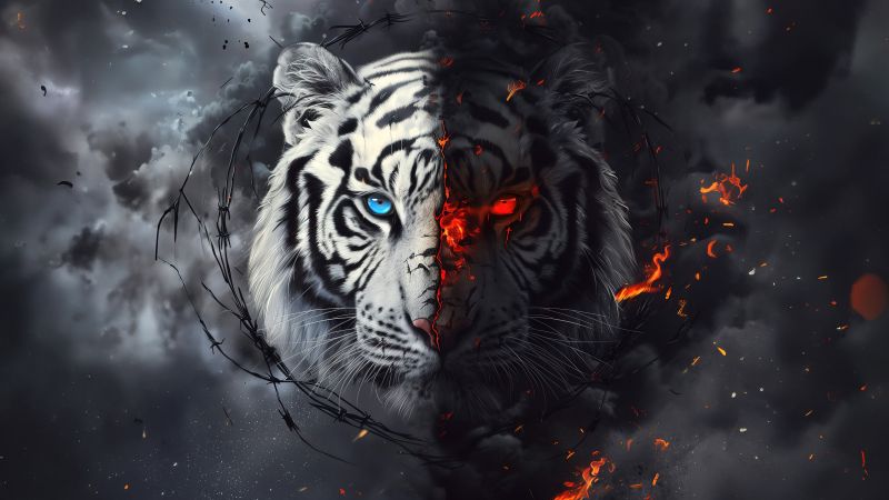 White tiger, Dope, AI art, 5K, Fire effect, Wallpaper