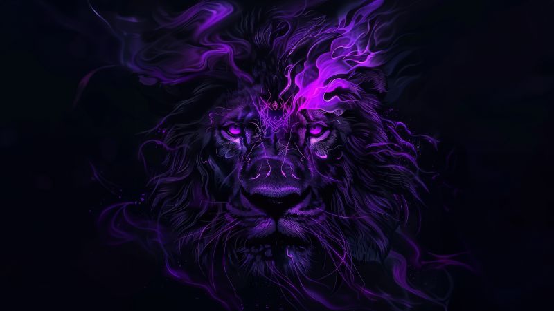 Lion, Dark aesthetic, AI art, 5K, Dark background, Dark purple, Wallpaper