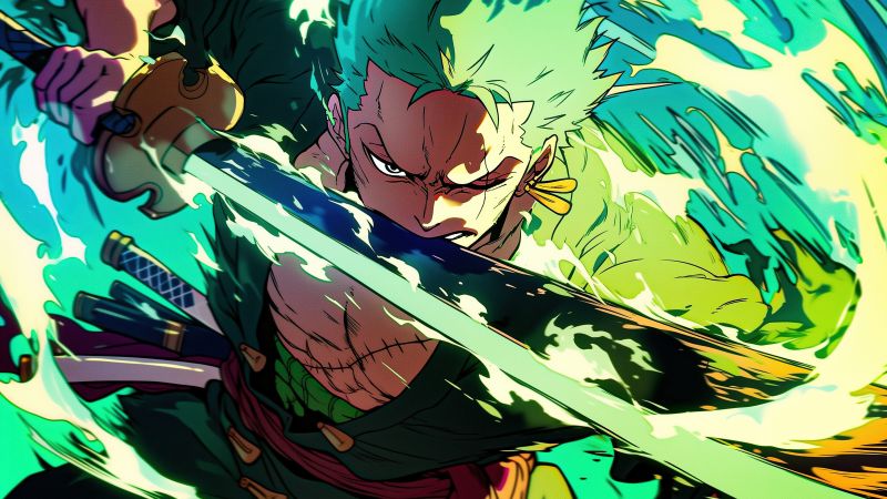 Roronoa Zoro, Green, Artwork, Sword, 5K, One Piece