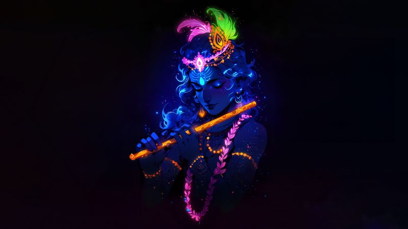 Lord Krishna, Glowing, Hinduism, AMOLED, 5K, Dark background, Hindu God, Dark aesthetic, Indian festival, Wallpaper