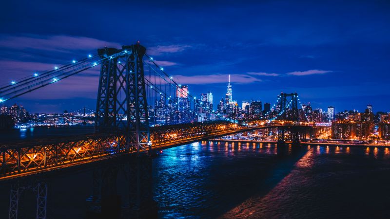 Williamsburg Bridge, Suspension bridge, New York City, City lights, Night, Cityscape, USA, 5K, Wallpaper