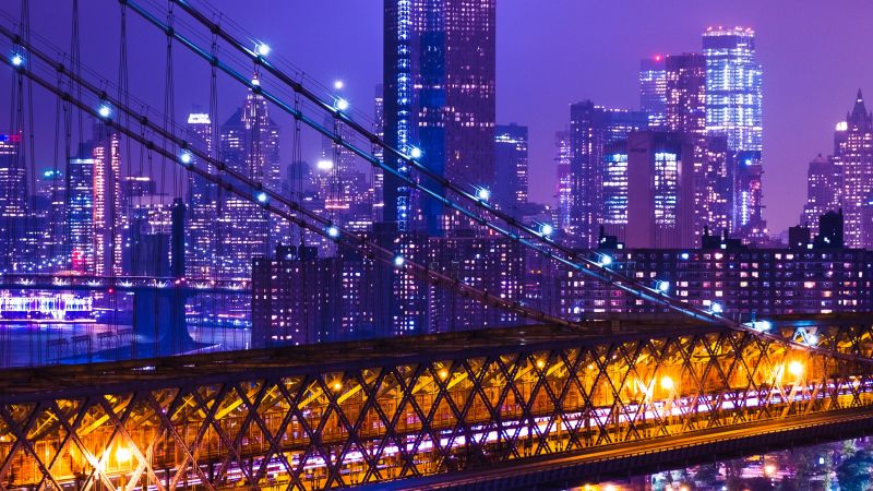 New York City, Purple aesthetic, Night, Cityscape, City lights, Suspension bridge, Buildings, USA, Wallpaper