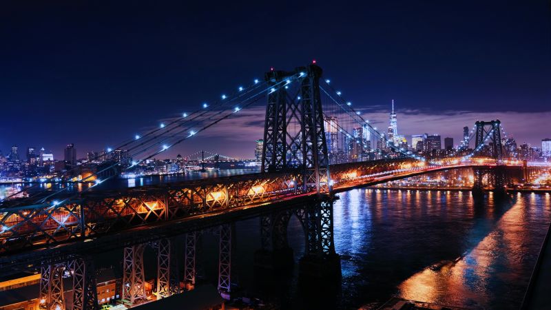 Williamsburg Bridge, New York City, Suspension bridge, City lights, Night, Cityscape, USA, Wallpaper
