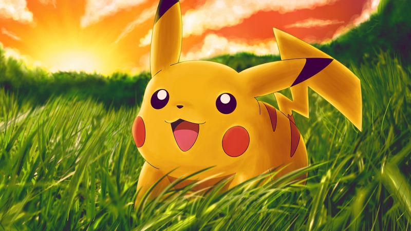 Pikachu, Adorable, Pokemon, Cartoon, Grass field, Sunset, Happy, Joyful