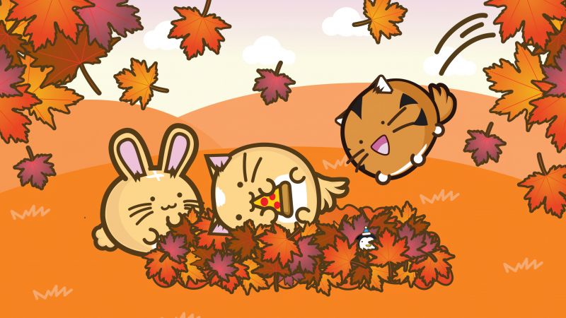 Fuzzballs, Autumn, Kawaii cartoon, Autumn foliage, Autumn season, 5K