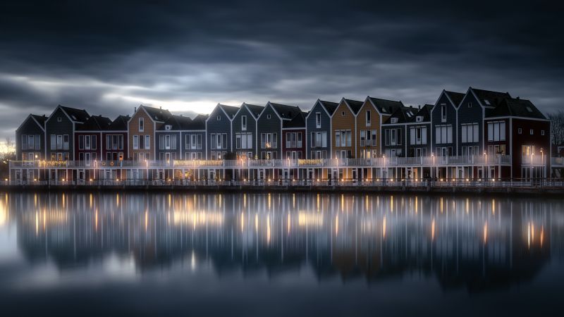 Rainbow houses, Netherlands, Colorful, Lakeside, Evening sky, Reflection, 5K, 8K, Scenic, Wooden House, Aesthetic, Dark clouds, Wallpaper