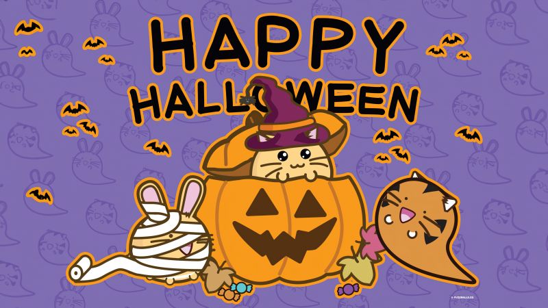 Happy Halloween, Fuzzballs, Kawaii cartoon, 5K, Purple background, Halloween Bats, Wallpaper