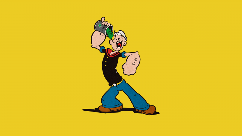 Popeye eating Spinach, 5K, Yellow background, Cartoon, Funny, Wallpaper