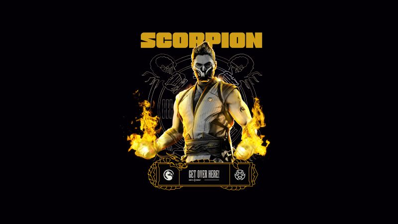 Scorpion (Mortal Kombat), AMOLED, 5K, 8K, Black background, Scorpion