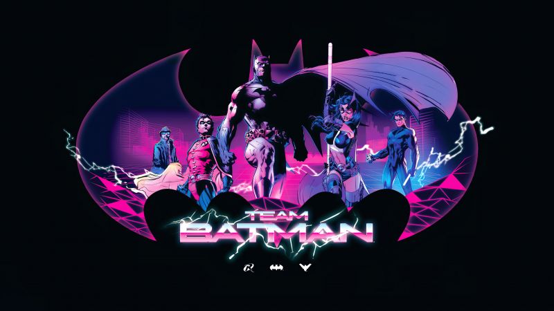 Team Batman, DC Comics, Neon art, DC Superheroes, 5K, AMOLED, Black background, Huntress, The Riddler, Dick Grayson, Robin (DC Comics), DC Superheroes, Wallpaper