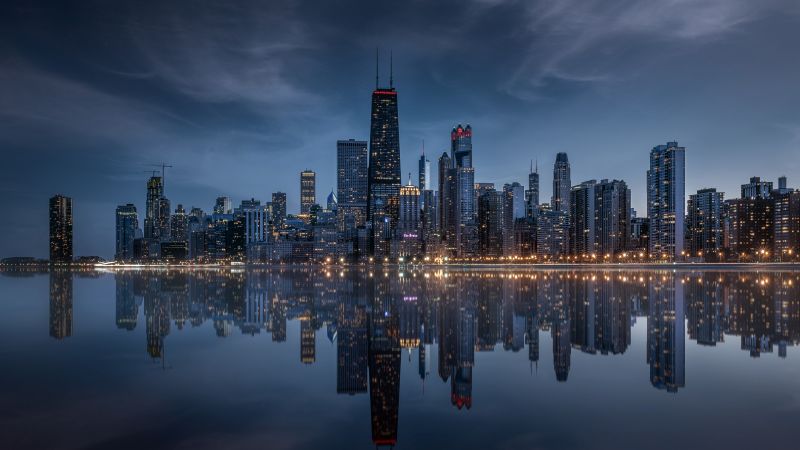 Chicago City, Skyline, Cityscape, Illinois, USA, United States of America, Urban, Skyscrapers, Dusk, Evening sky, Dramatic, Reflections, Lake Michigan, Waterfront, City lights, 5K, 8K, Wallpaper