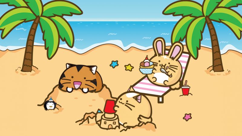 Fuzzballs, Beach, Summer, Palm trees, Tropical, Kawaii, Cartoon, 5K, Wallpaper