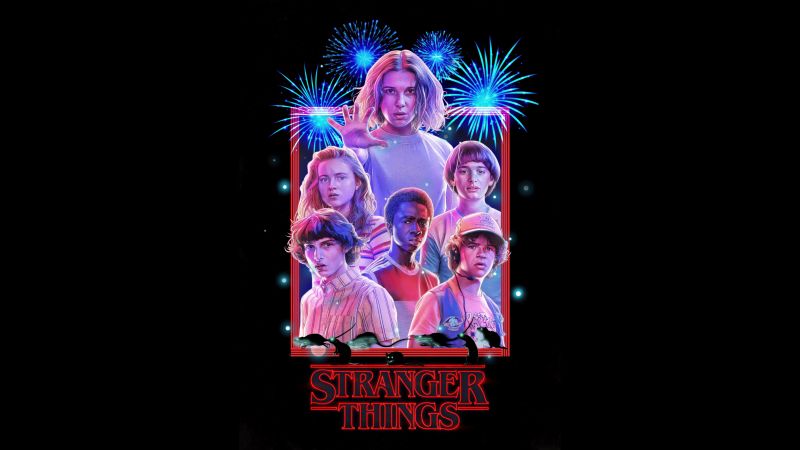 Stranger Things, 80s, Season 3, Key Art, Black background, 5K, 8K, AMOLED, Neon art, Wallpaper