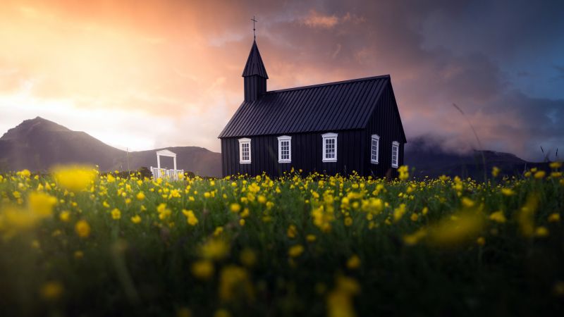 Black Church of Budir, Landscape, Iceland, Religious, Chapel, Christianity, Meadow, Sunset, Scenic, Tranquility, Isolated, Countryside, 5K, Wallpaper