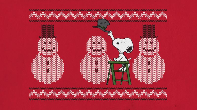 Snoopy, Snowman, Christmas background, Red background, 5K, Peanuts, Happy, Cartoon, Knitted, Illustration, Adorable, Cheerful, Festive season, Wallpaper