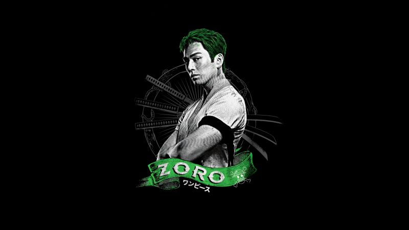 Mackenyu as Zoro, One Piece, Netflix series, Black background, 5K, 8K, AMOLED, Wallpaper