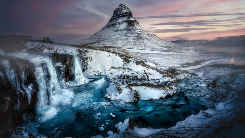 Kirkjufell mountain, Iceland, Waterfall, Winter Mountains, Scenic, Landscape, Twilight, Frozen, Tourist attraction, 5K, 8K, Arctic, Wallpaper