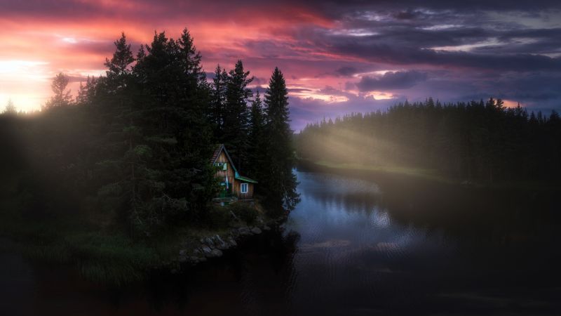 Scenic, Cabin, Countryside, River Stream, Serene, Sunset, Cottage, Quiet, 5K, 8K, Wallpaper