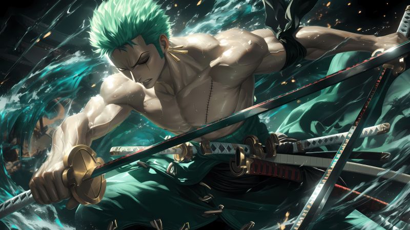 Roronoa Zoro, Muscular, Powerful, Fierce, One Piece, 5K, Green aesthetic, Sword