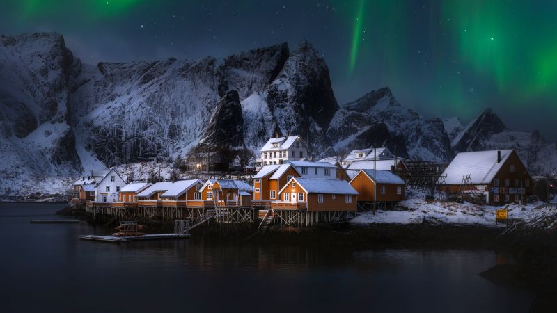 Lofoten Islands, Ultrawide, Norway, Aesthetic, Serene, Aurora Borealis, Northern Lights, Village, 5K, Snow covered, Snow mountains, Panorama, Wallpaper