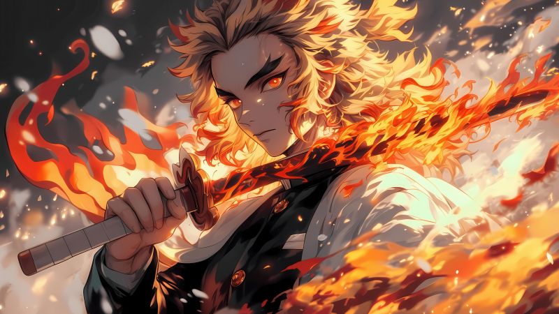 Kyojuro Rengoku, Sword, Fire effect, Demon Slayer: Kimetsu no Yaiba, 5K, Katana, Wallpaper