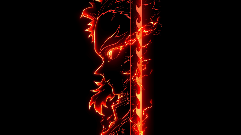 Kyojuro Rengoku, AMOLED, Demon Slayer: Kimetsu no Yaiba, Fire effect, 5K, Black background