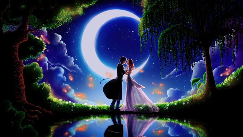 Anime couple, Kiss, Romantic kiss, Crescent Moon, Reflection, Dreamy, Magical, 5K