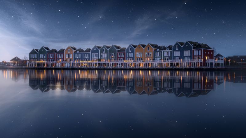 Colorful, Lakeside, House, Rainbow, Stars in sky, Evening sky, Reflection, Netherlands, 5K, Scenic, Wooden House, Aesthetic, Wallpaper