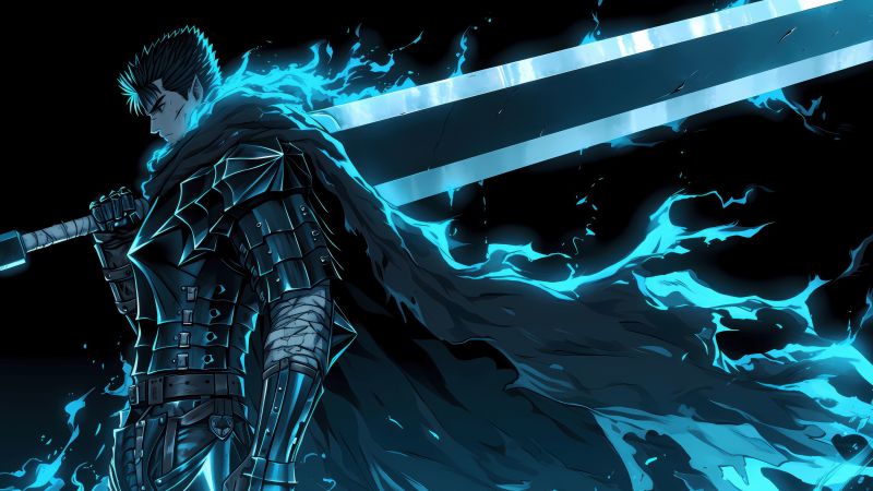 Berserk, Knight, Guts, Warrior, Dragon Slayer, 5K, Black background, Sword