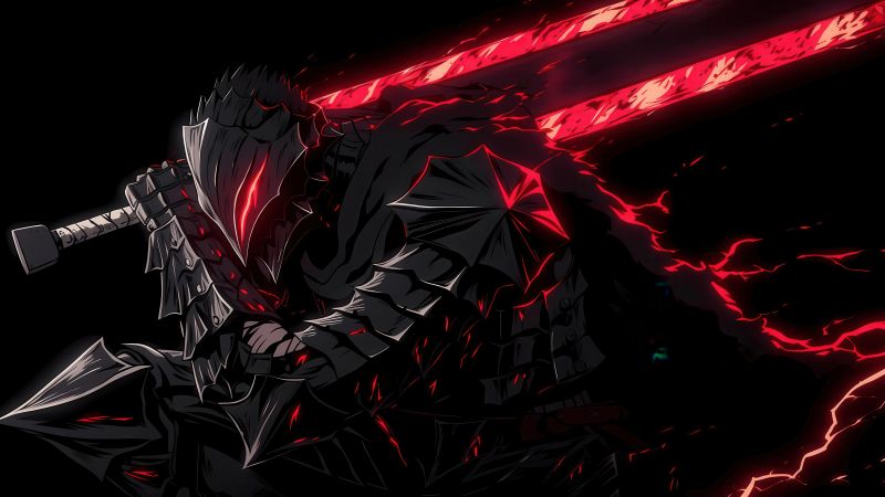 Guts, AMOLED, Berserker Armor, Black background, 5K, Knight, Sword, Wallpaper