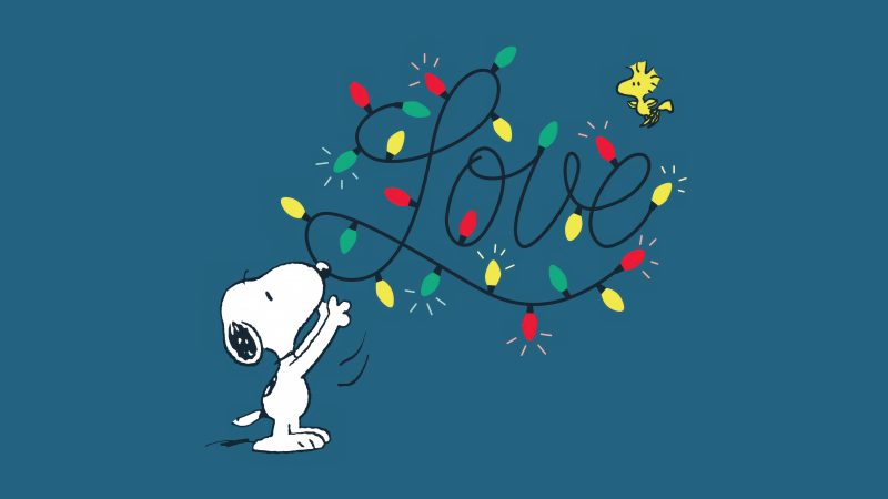 Snoopy, Love text, 5K, 8K, Woodstock, String Lights, Christmas decoration, Cartoon, Holidays, Love word, Wallpaper