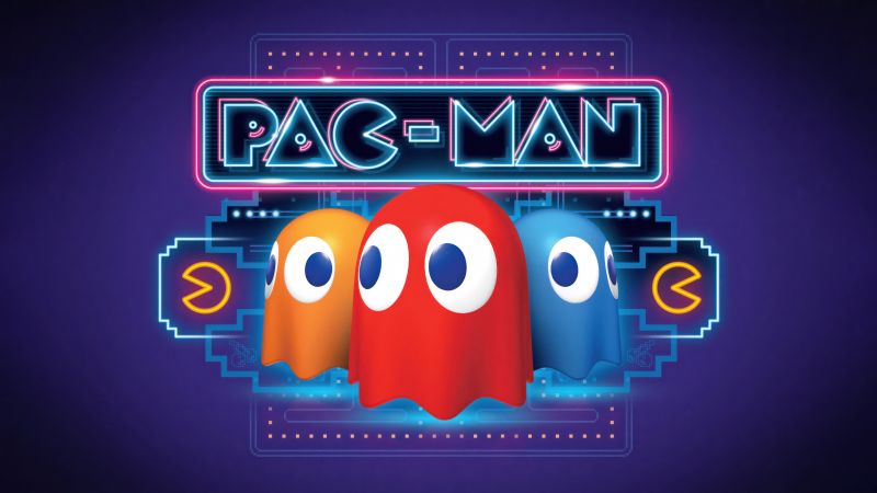 Pac-Man Wallpaper 4K, Ghosts, Neon background, 5K