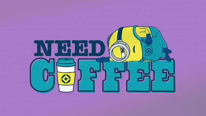 Minion, Coffee, Purple background, 5K, Wallpaper