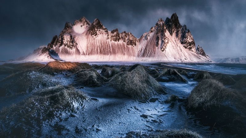 Volcanic, Vestrahorn mountain, Iceland, Black sand beach, Stokksnes, 5K, Wallpaper