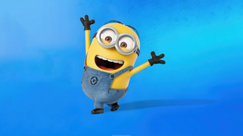 Minion, 8K, Blue background, 5K, Happy Mood, Laughing, Despicable Me, Wallpaper