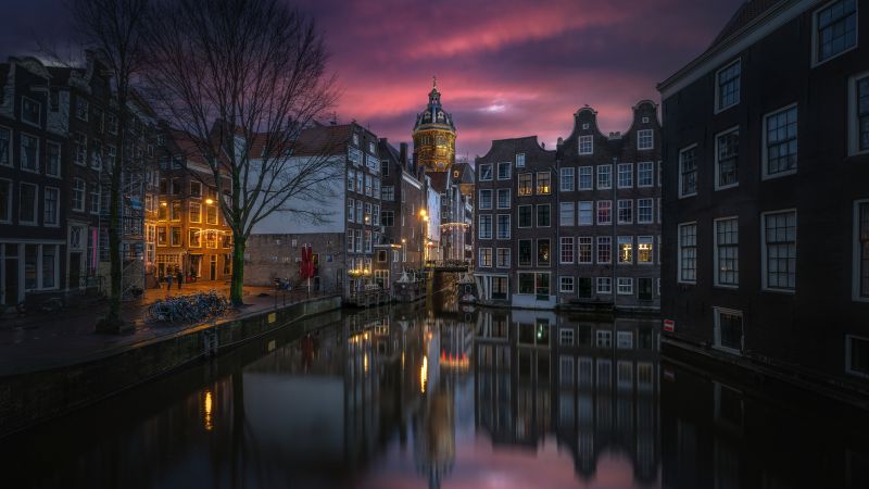 Amsterdam, Aesthetic, Night City, Sunset, Cityscape, Canal, Buildings, Reflection, European, Tourist attraction, Night photography, 5K, Wallpaper