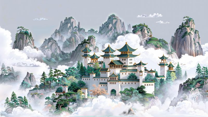 Chinese architecture, Temple, Clouds, Mountains, Asian, Surrealism, Fantasy artwork, Digital Art, AI art, 5K