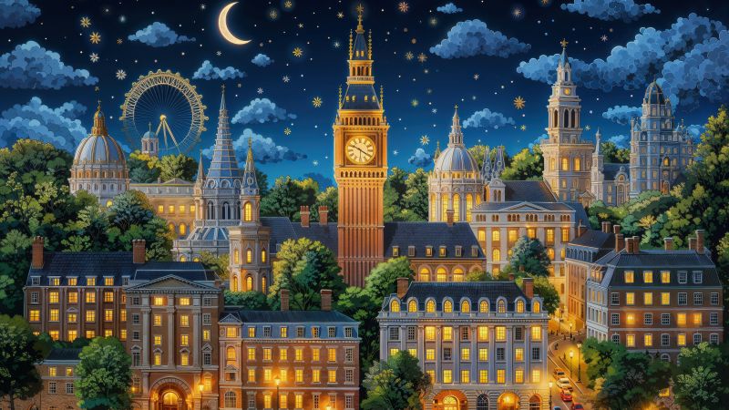 London, Aesthetic, Big Ben, Cityscape, Night City, Night sky, Stars in sky, Crescent Moon, Night illumination, Buildings, 5K, AI art, United Kingdom, England, Europe, Urban, Tourist attraction, Wallpaper