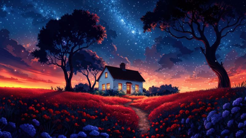 Surreal, Scenery, AI art, Landscape, Night, Milky Way, 5K, House, Aesthetic, Wallpaper