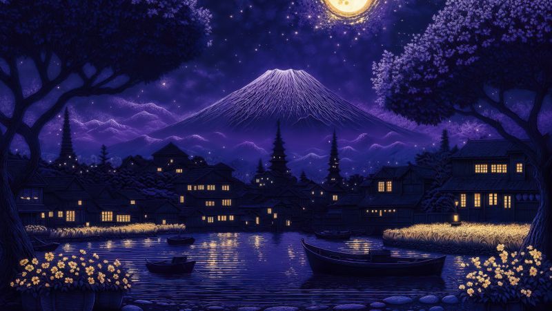 Mount Fuji, Aesthetic, Indigo background, Moon, Reflection, Night, Boats, 5K, AI art, Wallpaper