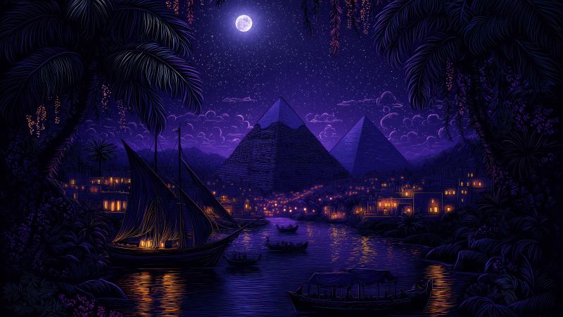 Egyptian Pyramids, Purple aesthetic, Night, Moonlight, Illuminated, Boats, Surrealism, Palm trees, 5K, Purple sky, Reflection, Wallpaper