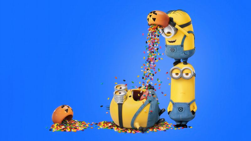 Minions, Halloween party, Funny, Blue background, 5K, 8K, Candies, Wallpaper